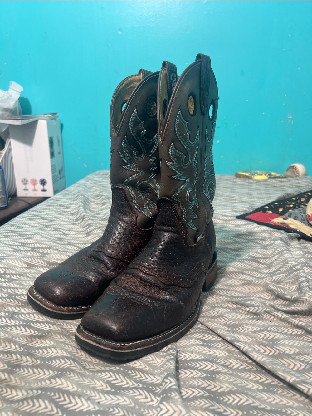 Double H Men's Dark Brown Leather Western Boots with Teal Stitching
